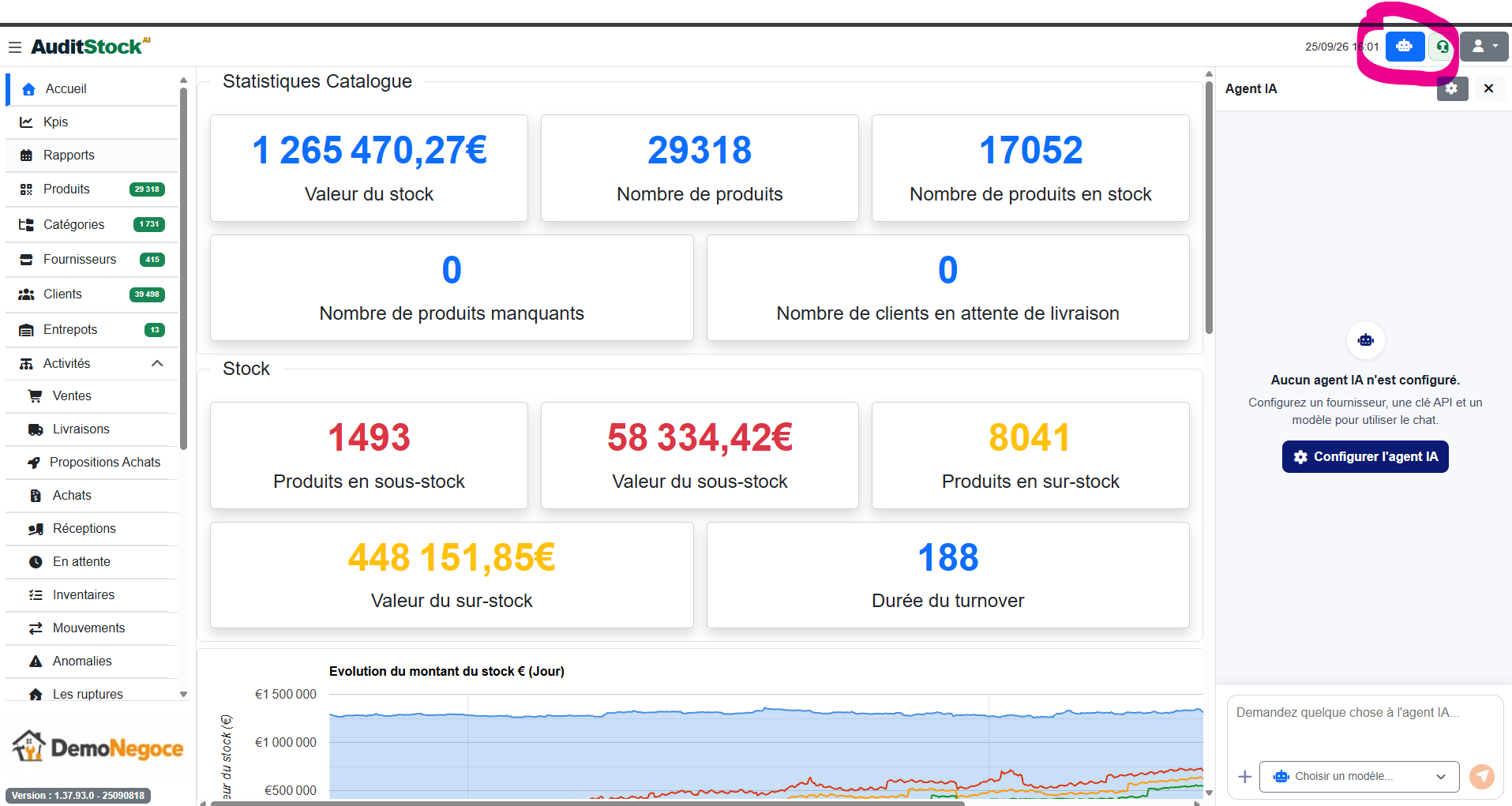 Tableau de bord AuditStock : l'icône bleue du robot est entourée en haut à droite et le panneau Agent IA est ouvert.