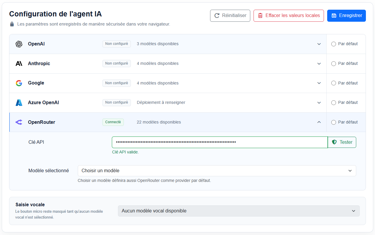 Détail OpenRouter dans AuditStock : la clé API est masquée, le bouton Tester est visible et le message Clé API valide apparaît.