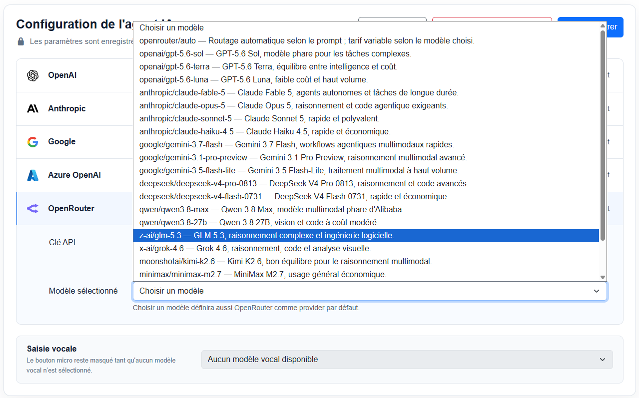 Liste déroulante des modèles OpenRouter dans AuditStock, avec les familles OpenAI, Anthropic, Google et d'autres éditeurs.