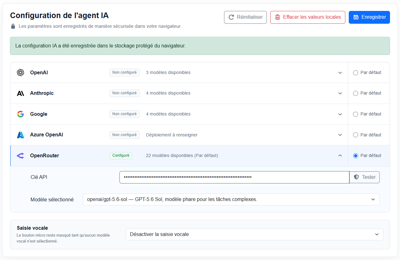 Configuration OpenRouter enregistrée dans AuditStock : fournisseur par défaut et modèle GPT-5.6 Sol sélectionnés, avec bandeau de confirmation vert.