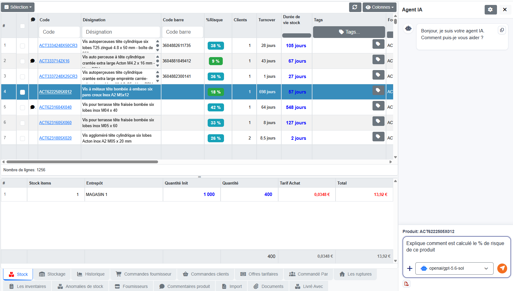 Fiche produit AuditStock et panneau Agent IA : une question sur le pourcentage de risque est saisie dans le chat.