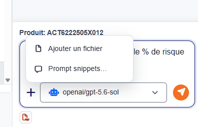 Menu du bouton plus dans le panneau Agent IA, avec les options Ajouter un fichier et Prompt snippets.