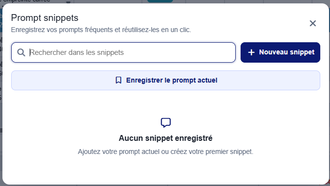 Fenêtre Prompt snippets avant enregistrement, avec le bouton Enregistrer le prompt actuel et une liste vide.