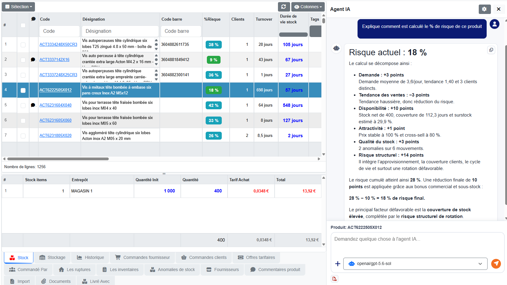 Fiche produit AuditStock et réponse de l'agent IA expliquant le risque de 18 pour cent du produit sélectionné, avec le détail des points.